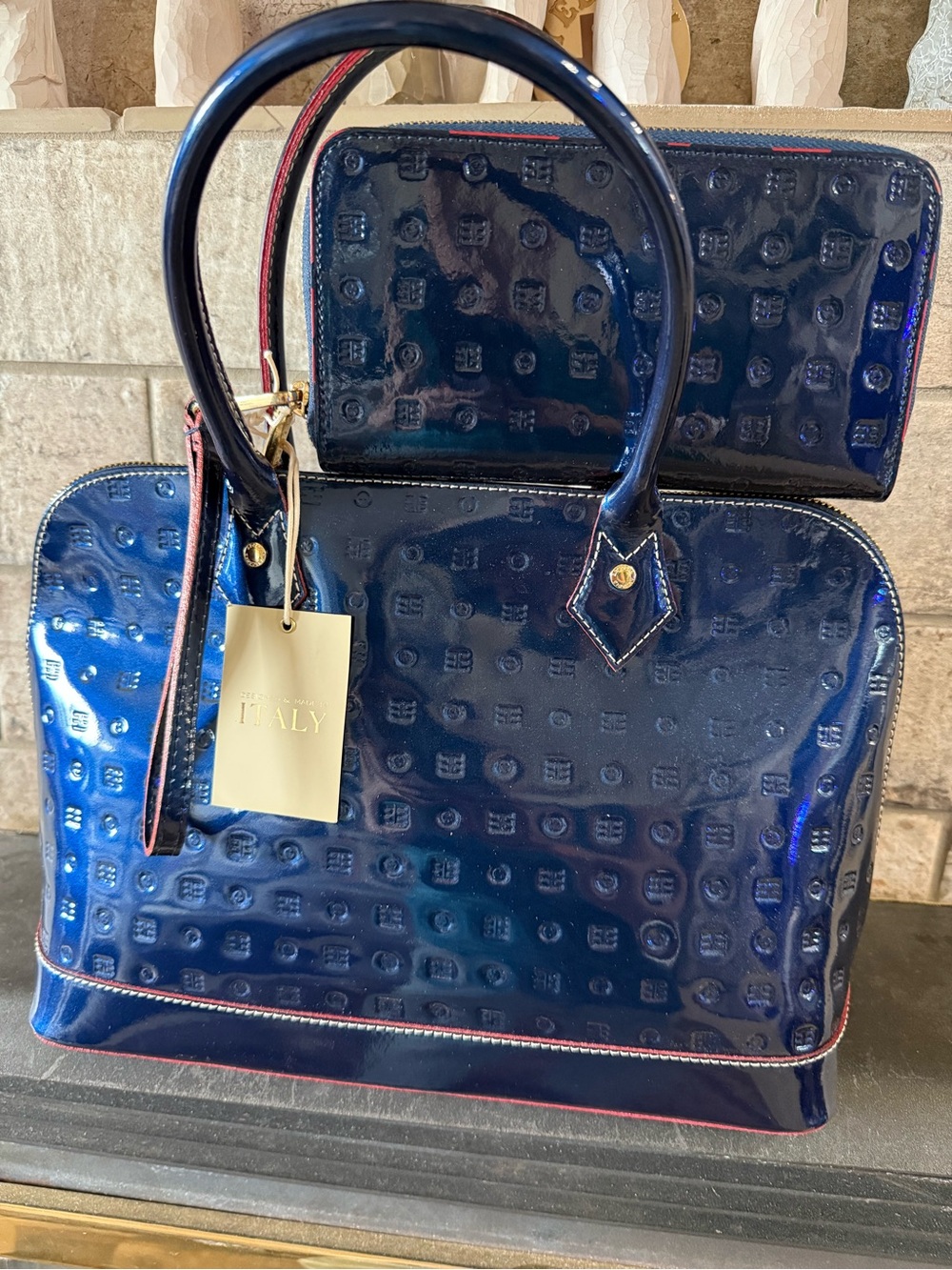 Arcadia Italian-Made Patent Leather Dome Satchel and Wallet